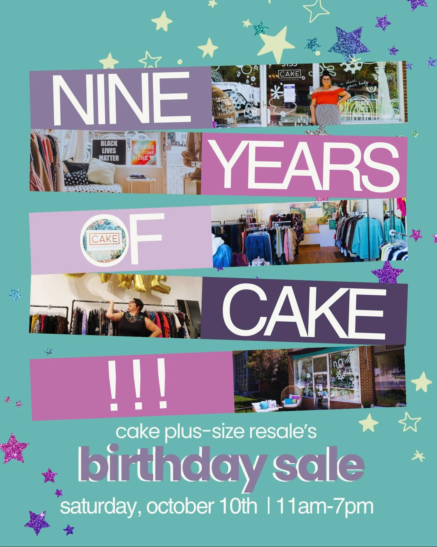 9 years!! Come celebrate 9 years of Cake Plus-Size Resale with big savings on our 50% sale racks, plus some more fun!! 

Saturday, October 10th 11am-7pm   Spend $20 and get a free storefront tote bag. Stick around and decorate it at our DIY decoratin