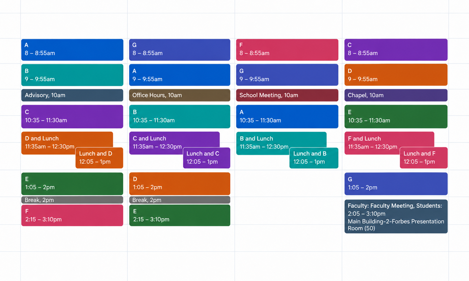 A four-day school schedule shows class blocks, lunch periods, and other commitments.