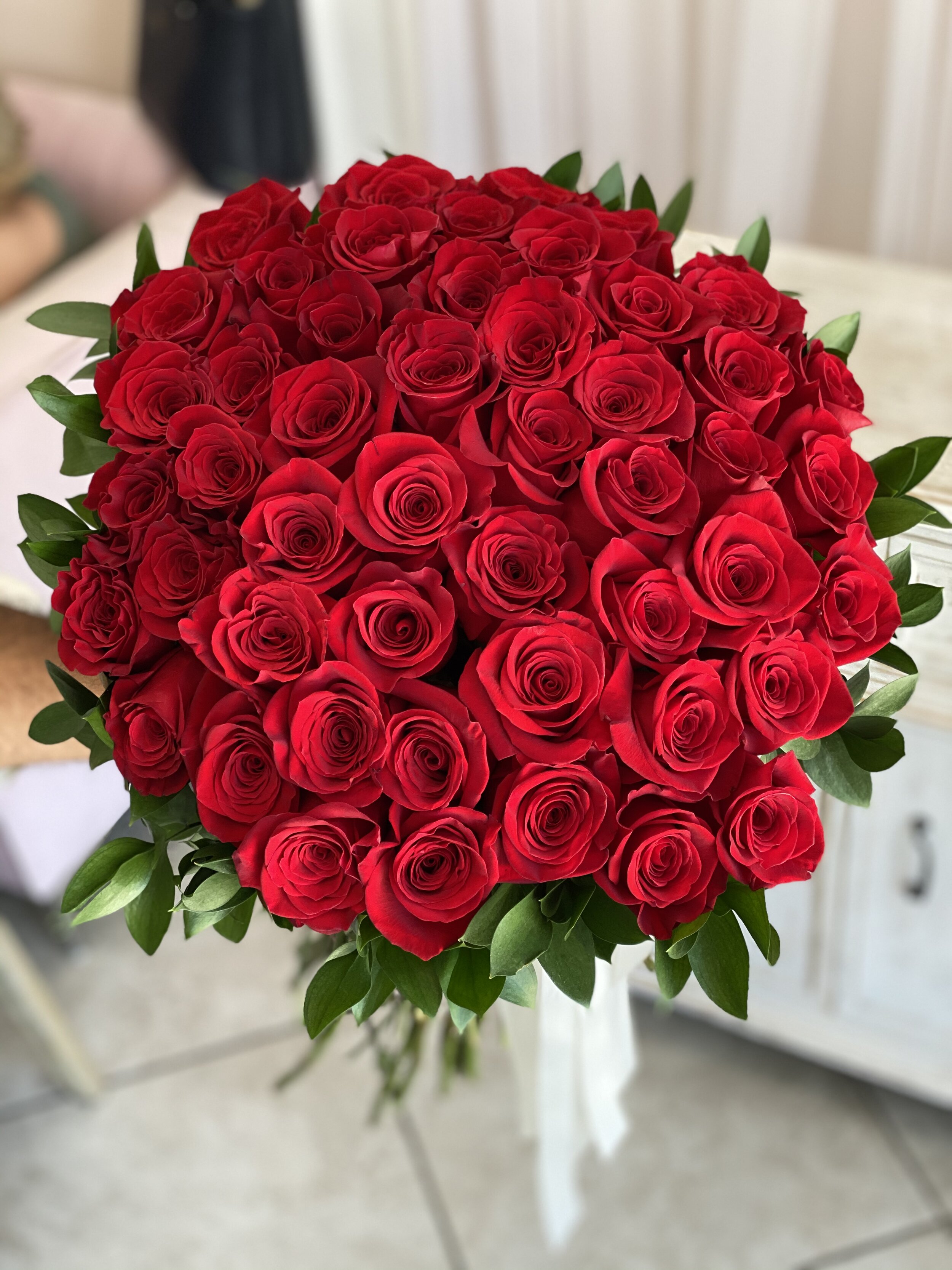 50 Red Rose Hand Bouquet | Fresh Cut Red Roses — Coral Path Designs