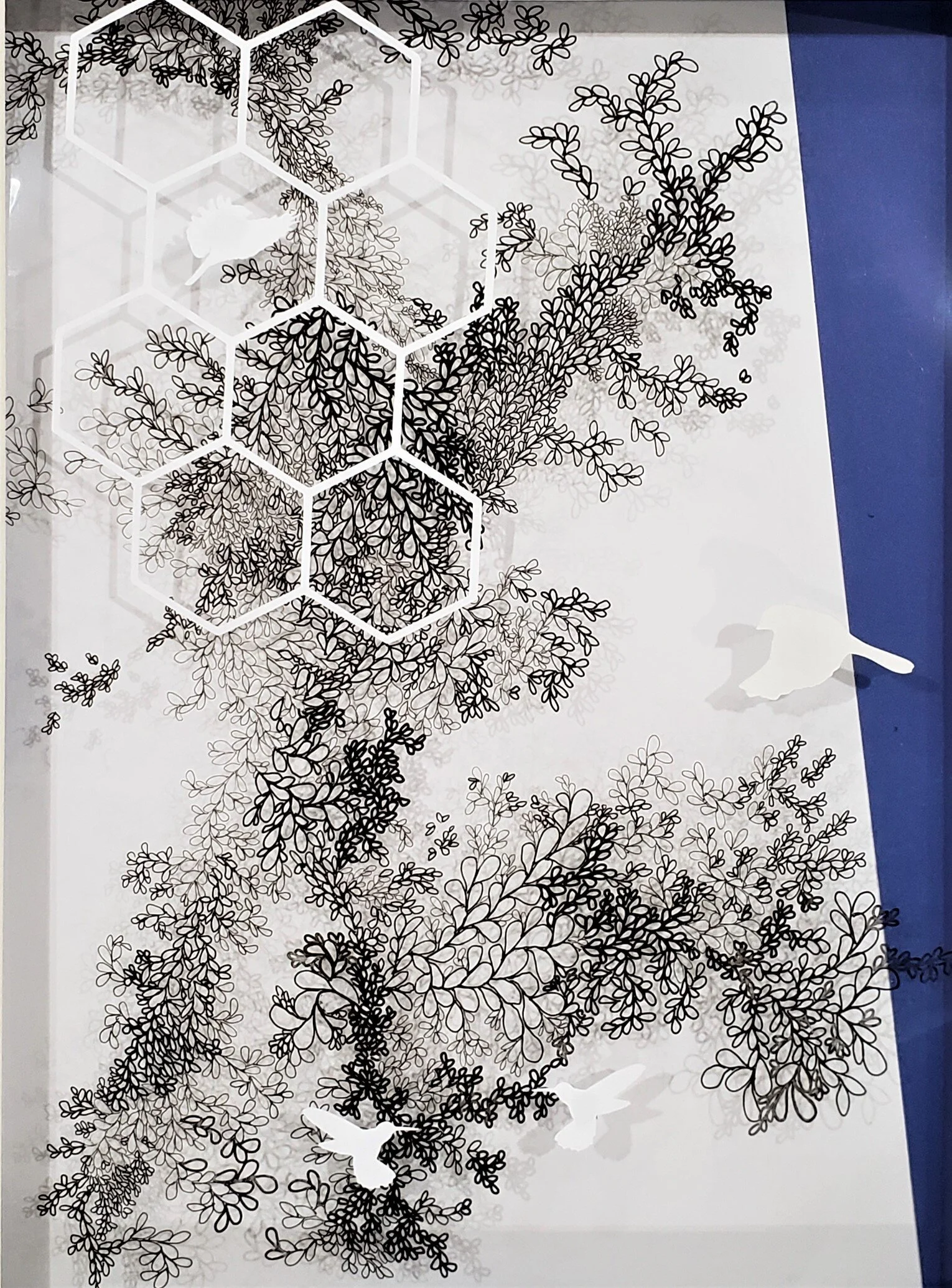  TRANSPARENCY #3   Cut-out paper, acrylic on mylar, and ink on board  20x16in (framed) 