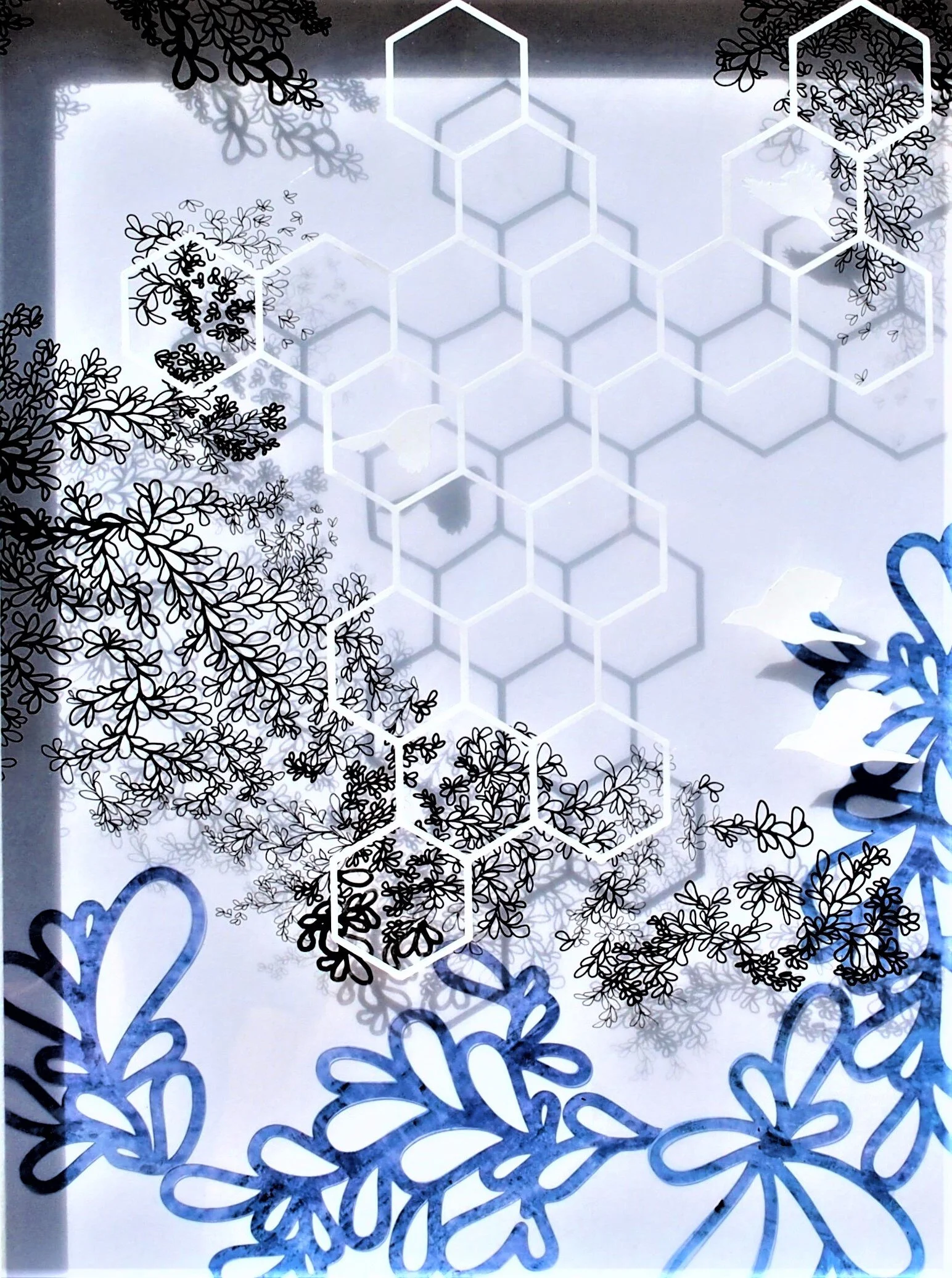  TRANSPARENCY #2   Cut-out paper, acrylic on mylar, and ink on board  20x16in (framed)   