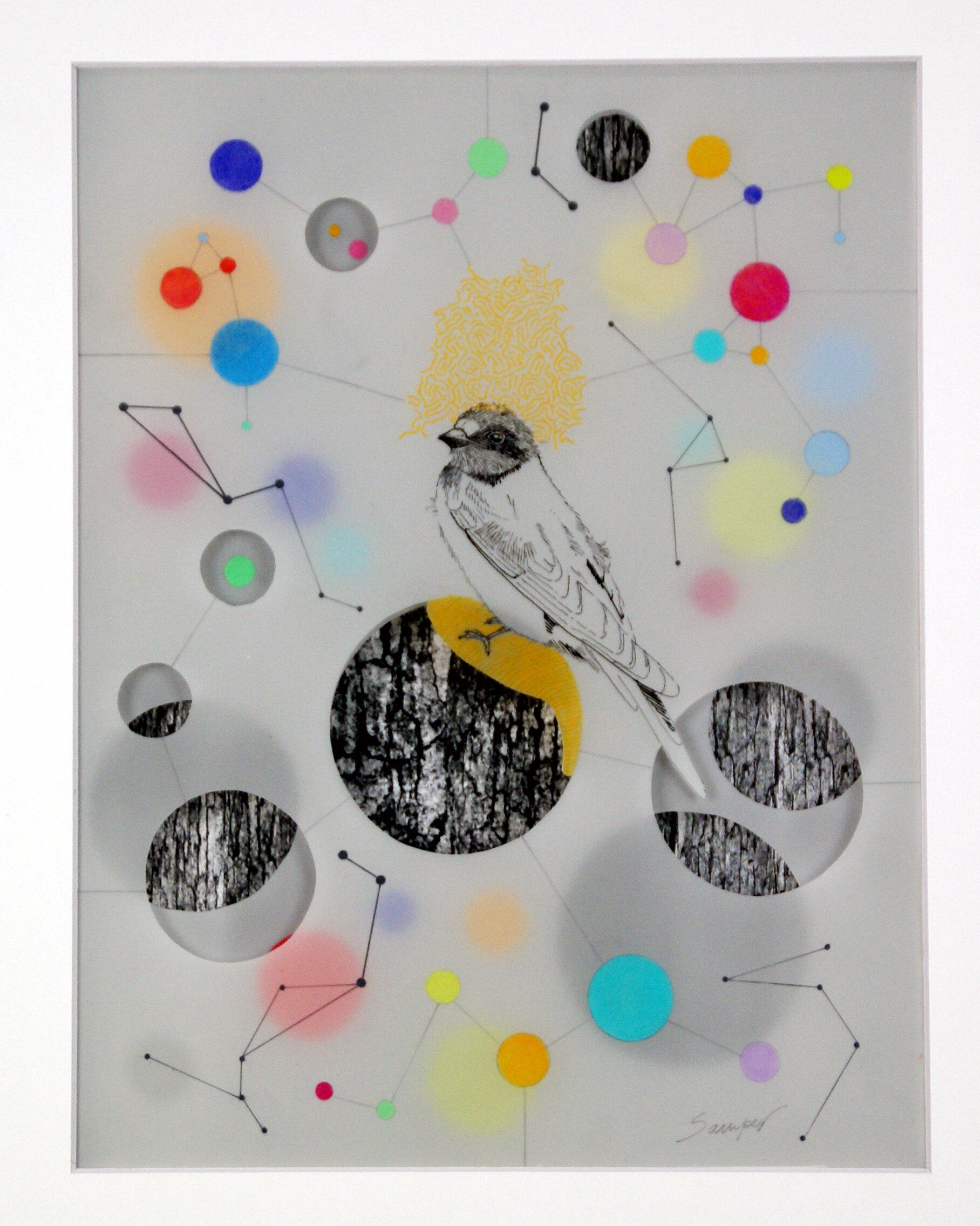 CONNECTING THE DOTS #3 -  sold   Three layered work. Ink, print, color pencil and graphite on translucent mylar and paper.  16x20in  (framed)2017 