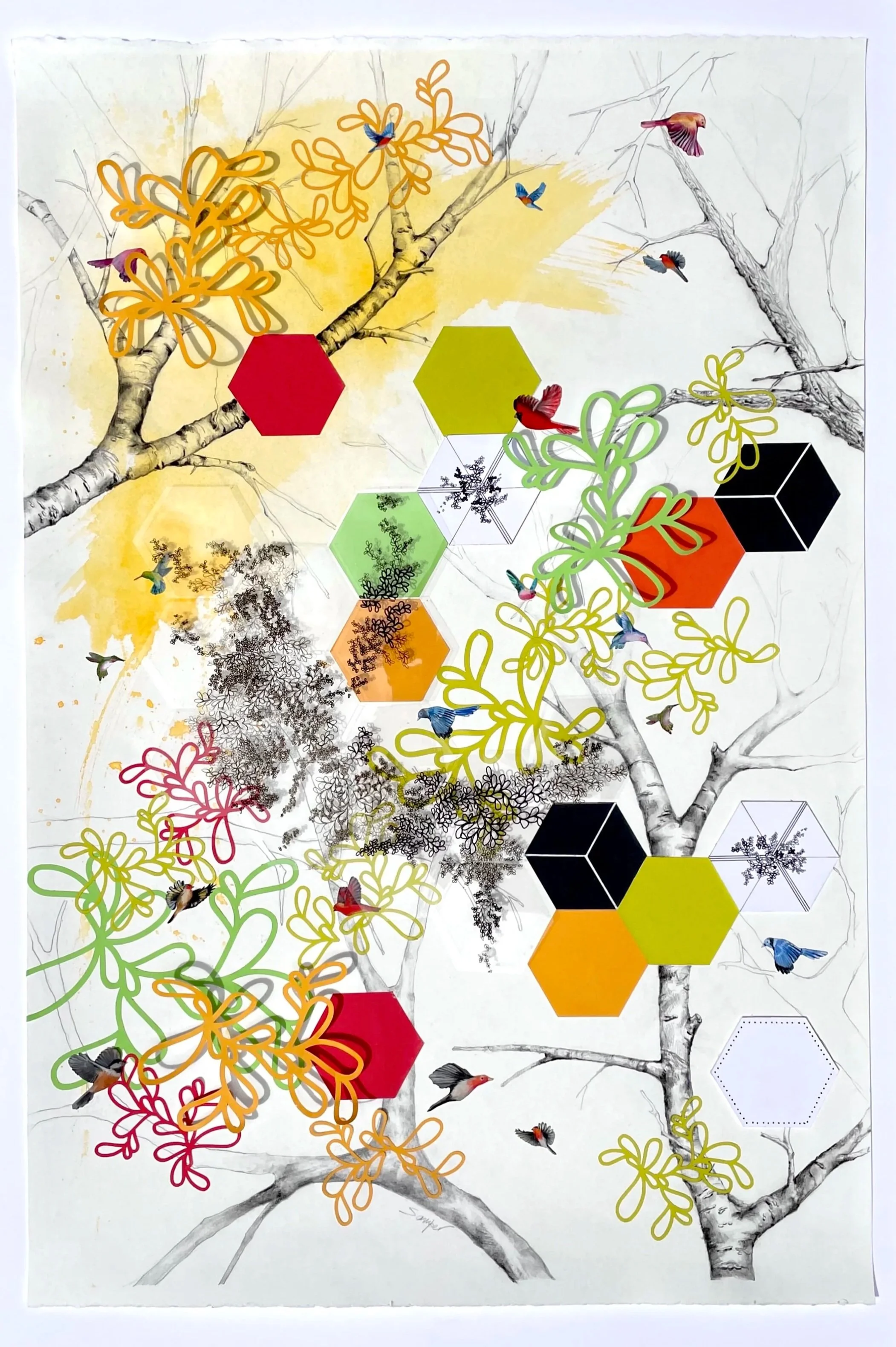  CITY PLAN #1  Layered artwork: Hand-painted oil birds, ink on mylar, graphite, and cut-out paper on watercolor paper   36x28in (framed)  