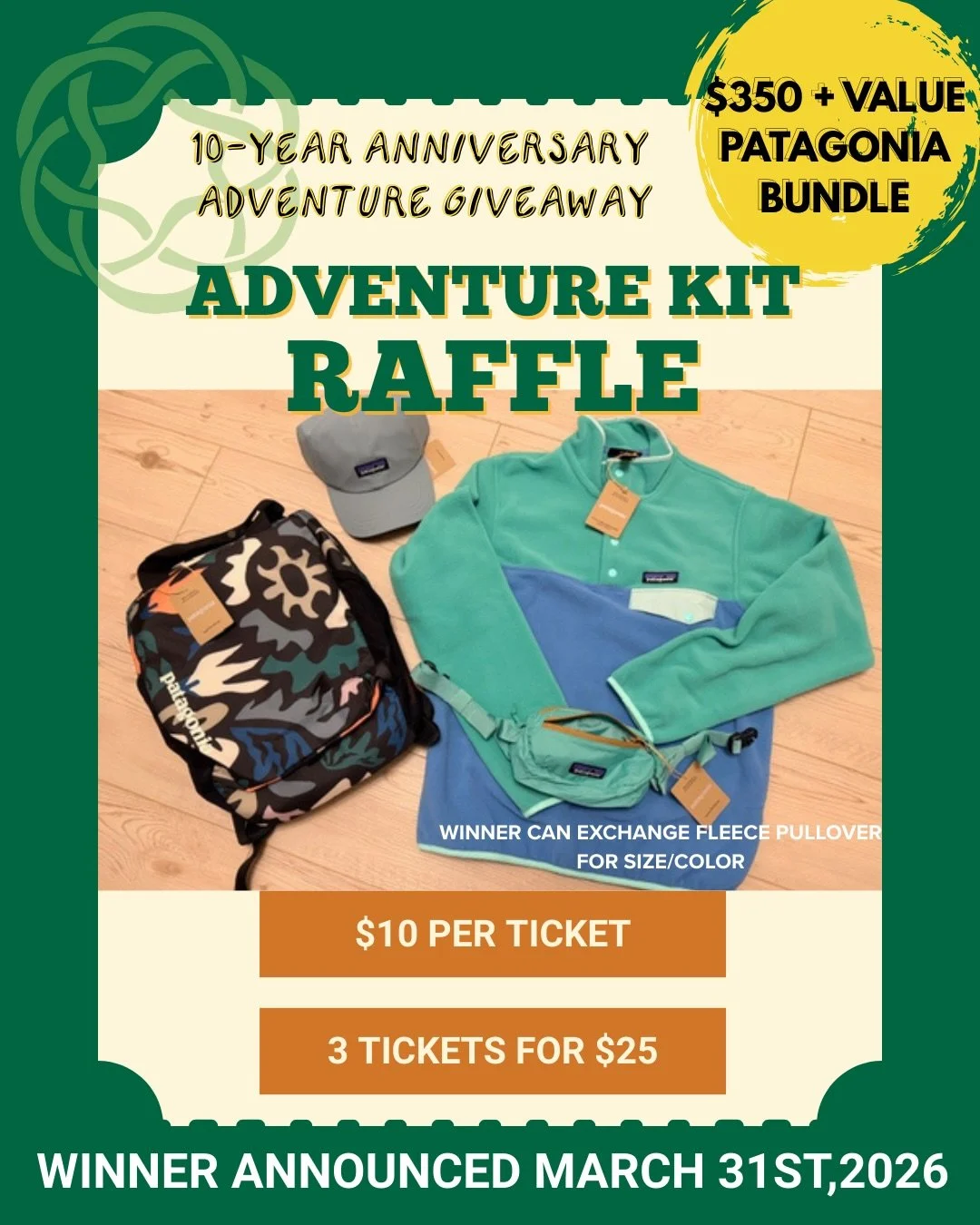 🎉 10 YEAR ANNIVERSARY RAFFLE 🎉

To celebrate our 10-year anniversary, this month we&rsquo;re raffling off an incredible Patagonia gear bundle worth $350+.

One lucky winner will take home:
🎒 Patagonia backpack
🧢 Patagonia baseball hat
👜 Patagoni