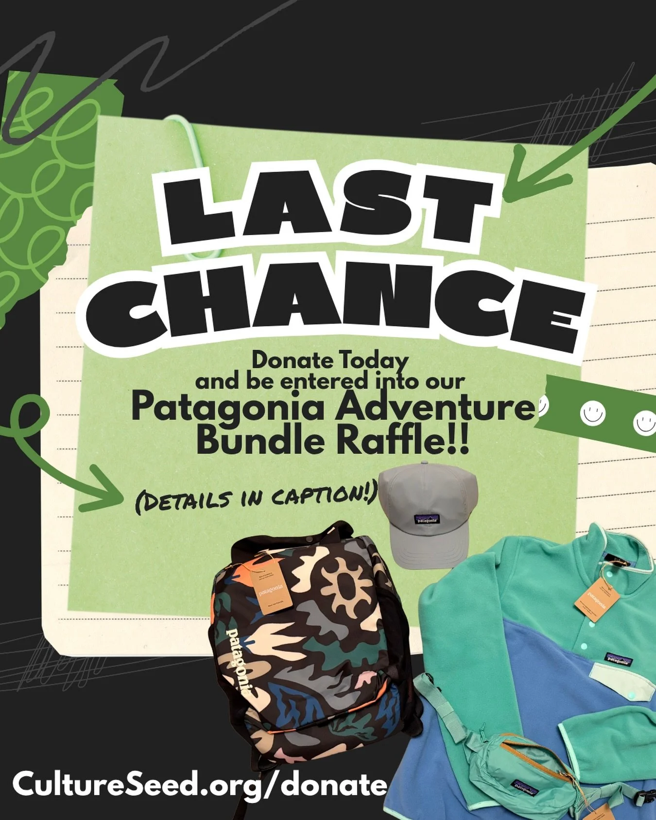 🚨 LAST DAY &mdash; Ends TONIGHT 🚨

Win a Patagonia Adventure Bundle (worth $350+ , you can switch out fleece for your color choice and size!) the prize is pictured in the post! 

🎟️ $10 = 1 entry
🎟️ $25 = 3 entries (best value 👀)
🎟️ More entrie