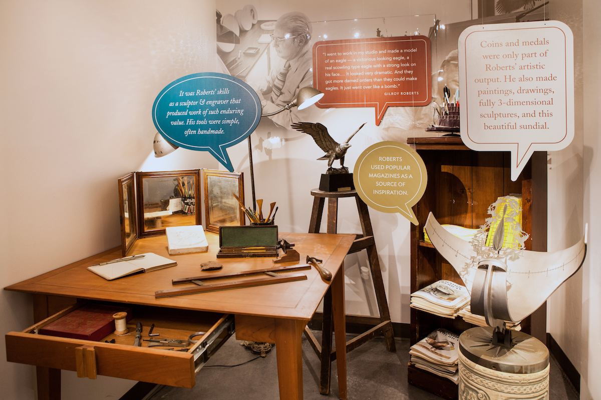 A diorama at CCP depicts the artist workspace of Gilroy Roberts, designer of the Kennedy Half Dollar.
