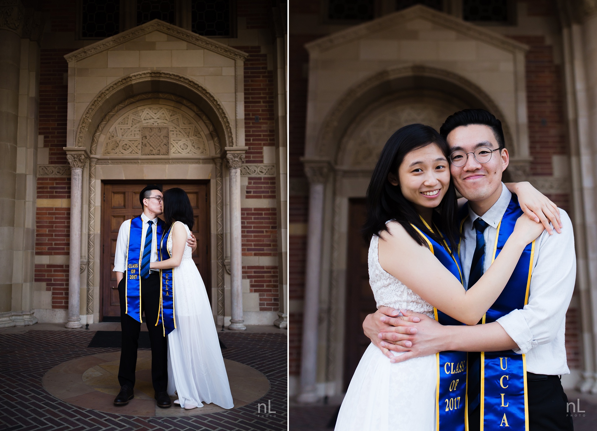 los angeles ucla senior graduation portrait cute couple hugging at royce hall