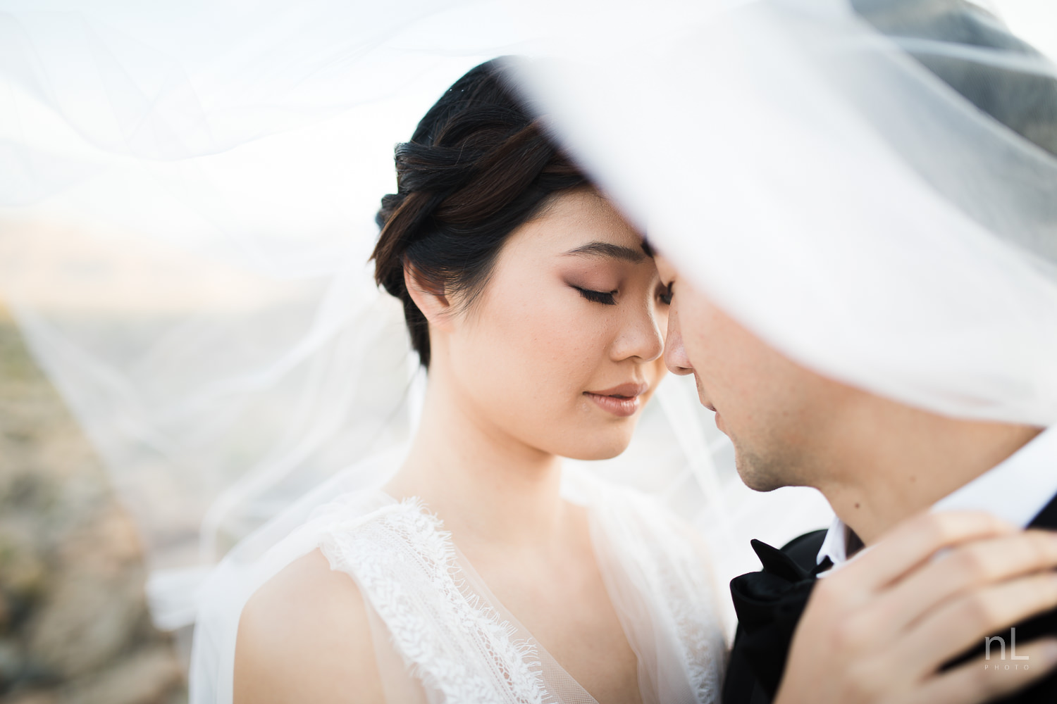 joshua-tree-engagement-wedding-elopement-photography-stylized-photoshoot-epic-environmental-portrait-bride-and-groom-foreheads-together-under-veil