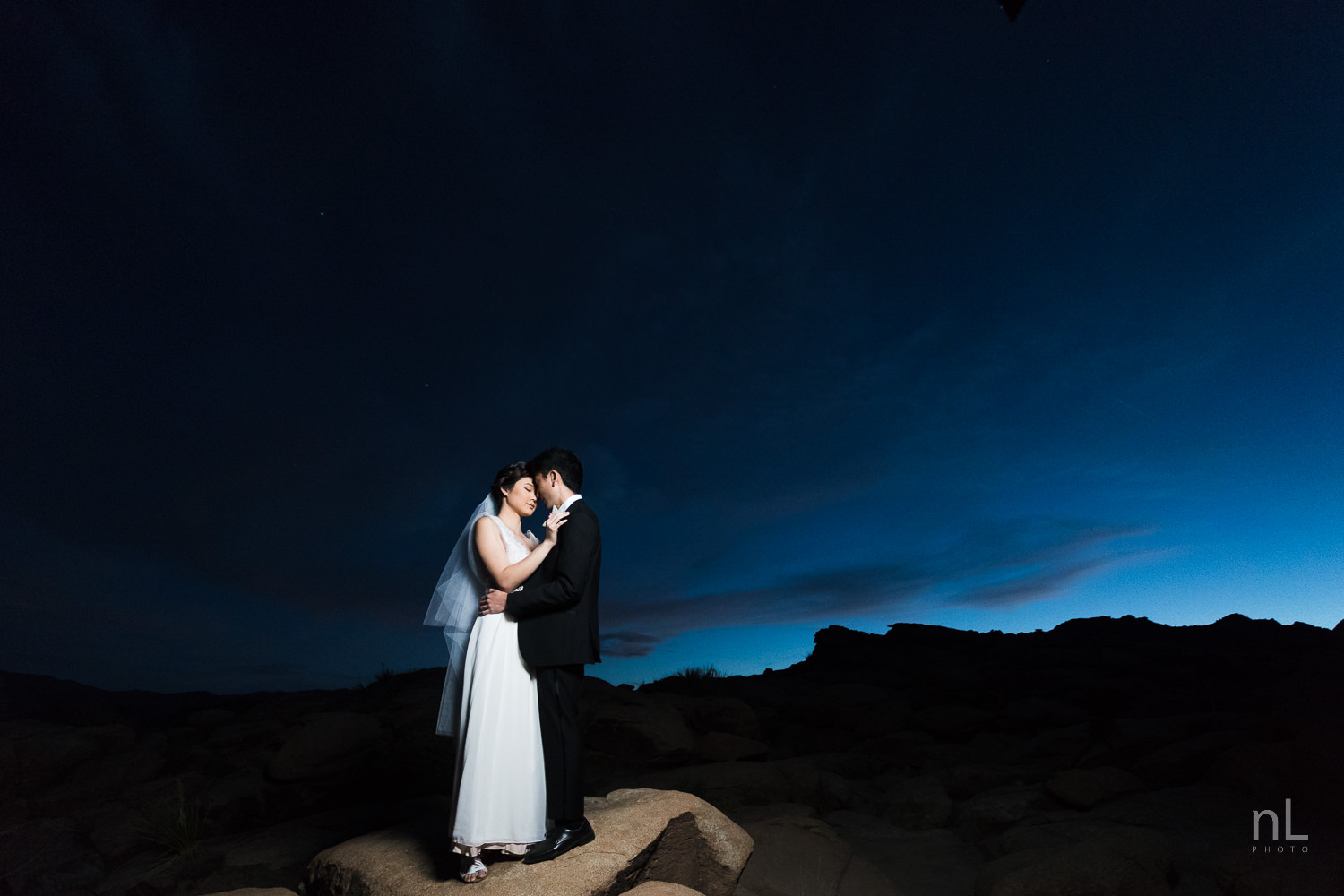joshua-tree-engagement-wedding-elopement-photography-stylized-photoshoot-epic-environmental-portrait-bride-and-groom-off-camera-flash-blue-hour-dusk