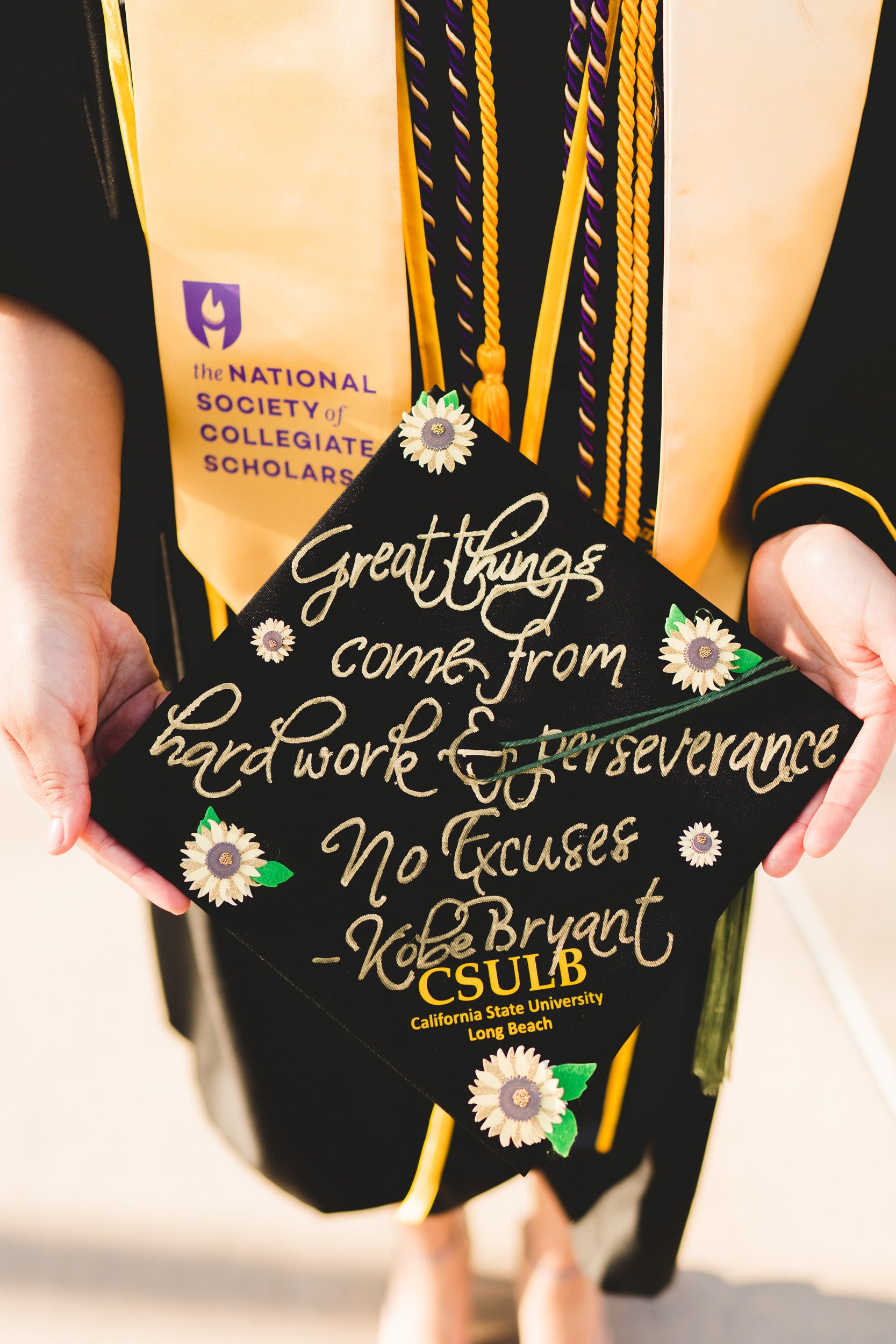 Decorated Graduation Cap, CSULB, Los Angeles, Kobe Bryant quote with flowers 