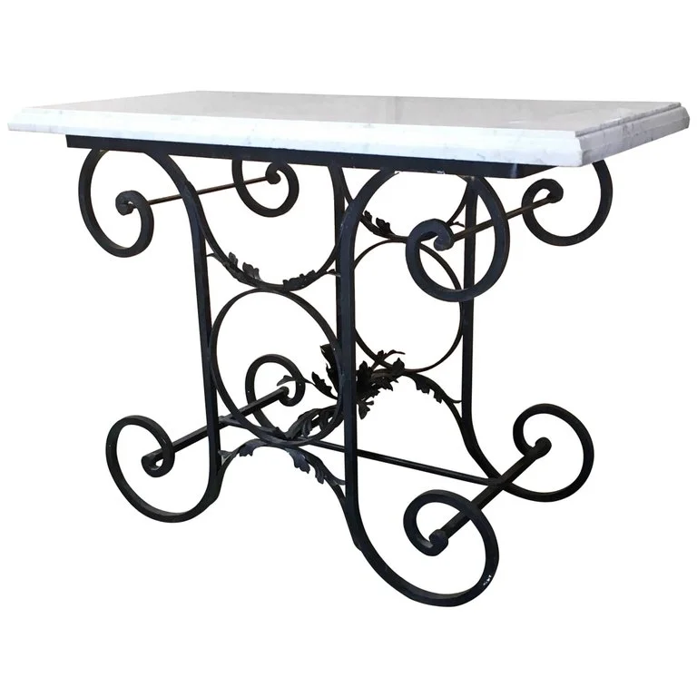 Mediterranean Iron Console Table with White Marble Top