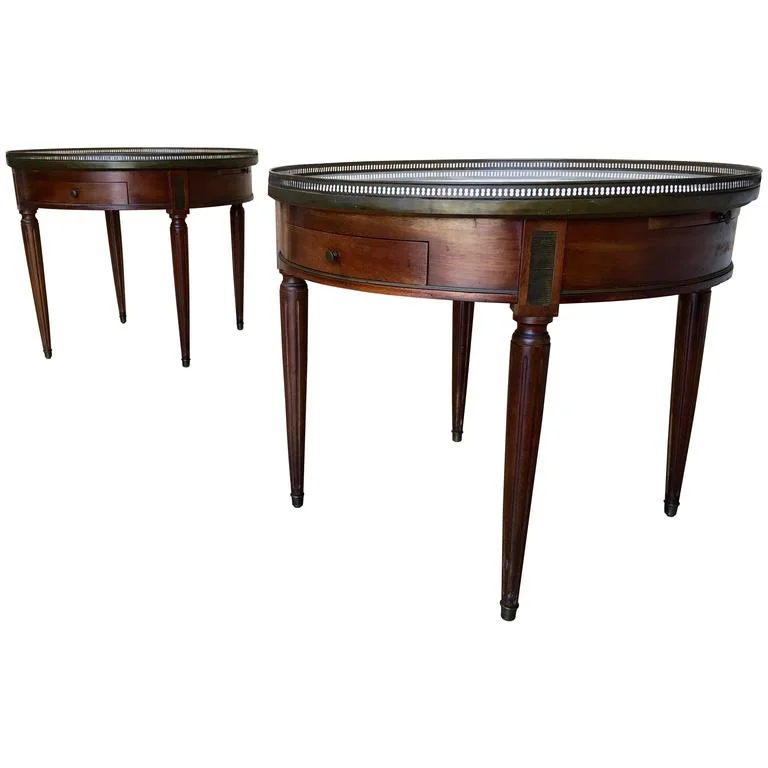 Pair of Louis XVI Style Bouillotte Tables with White Marble Tops