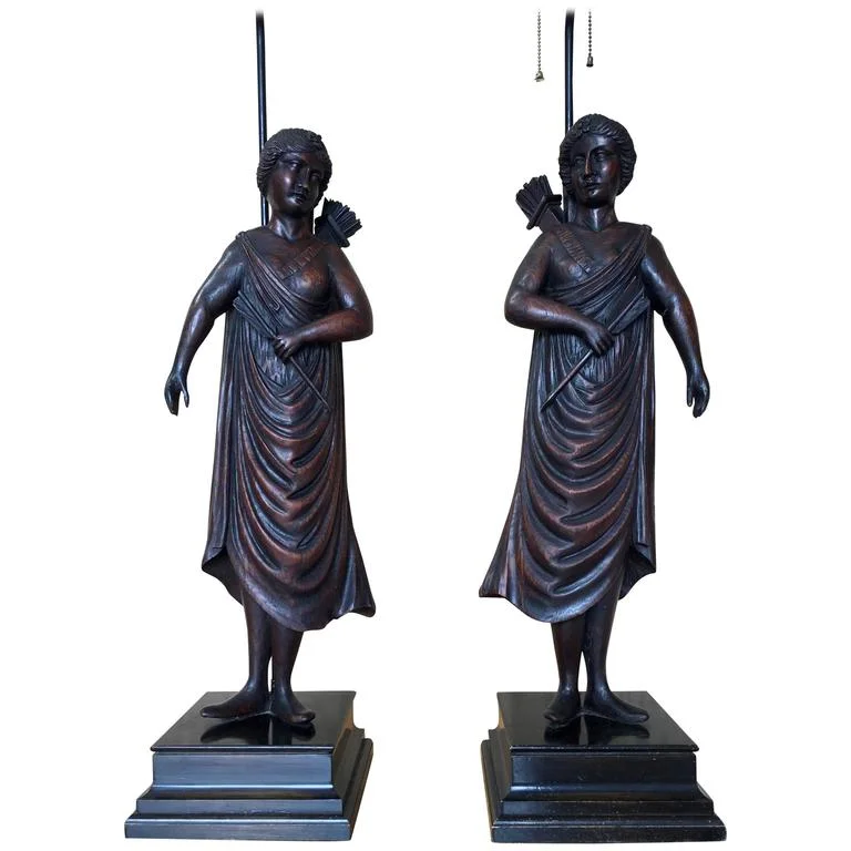 Pair of 19th Century Carved Roman Figure Lamps