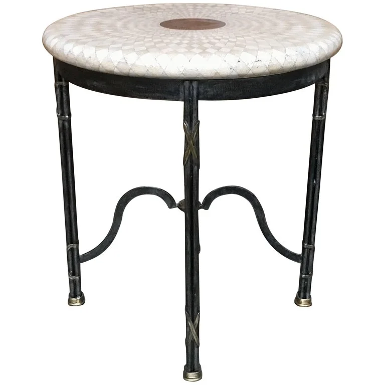 Maitland Smith Tessellated Travertine and Iron Side Table
