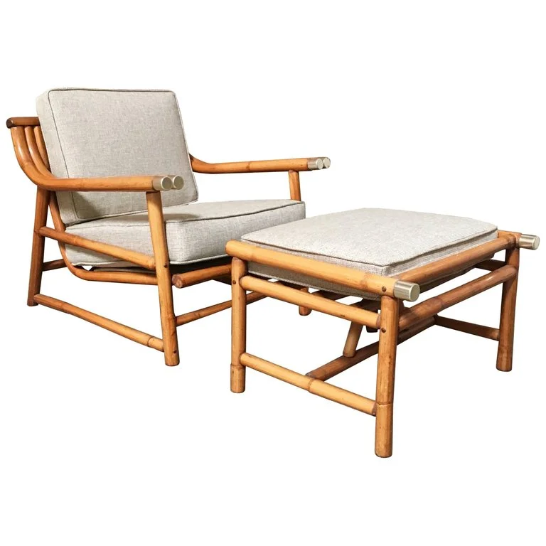 Mid-Century Modern Rattan Lounge Chair and Ottoman