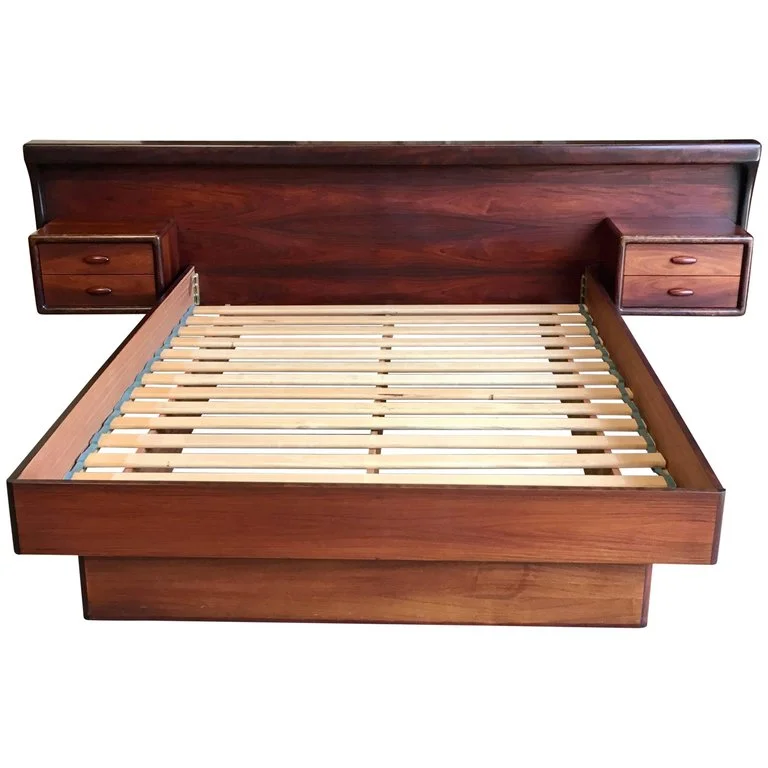 Danish Modern Rosewood Queen Size Bed with Floating Nightstands