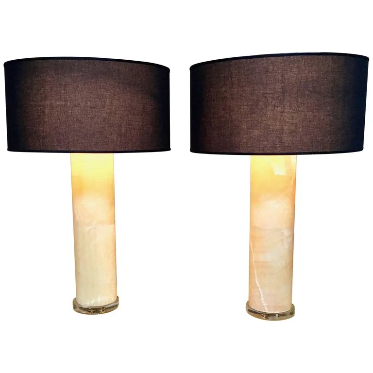 Large Pair of Alabaster Column Lamps