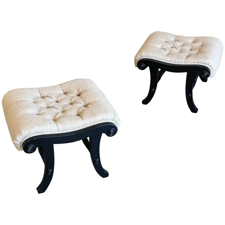 Pair of Ebonized Tufted Ottomans