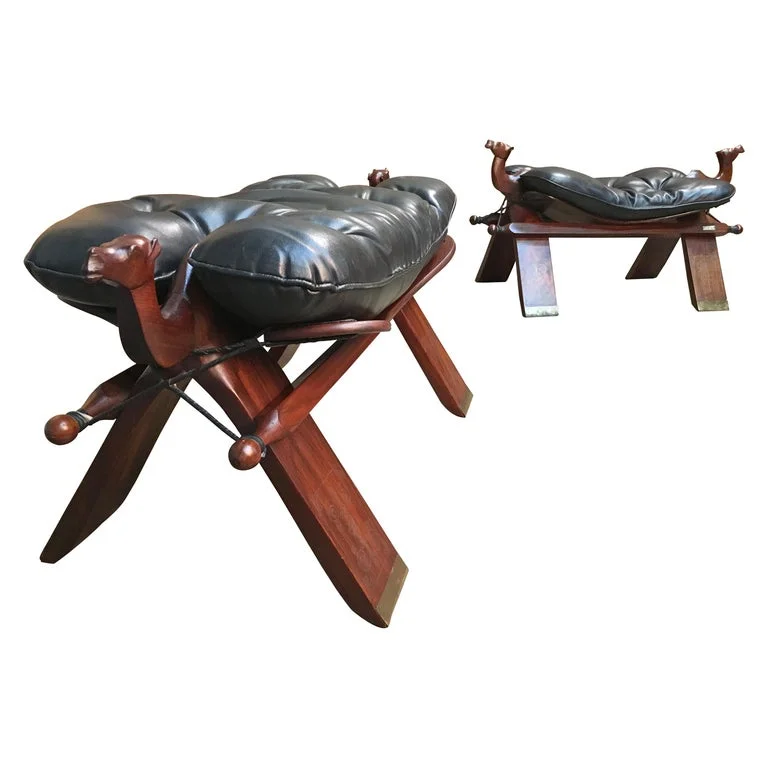 Rosewood and Leather Camel Saddle Stools