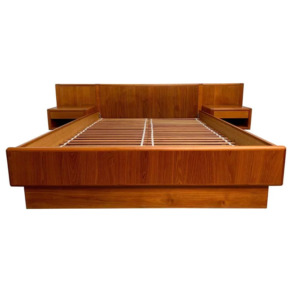 Vintage Teak Queen Size Platform Bed with Floating Nightstands