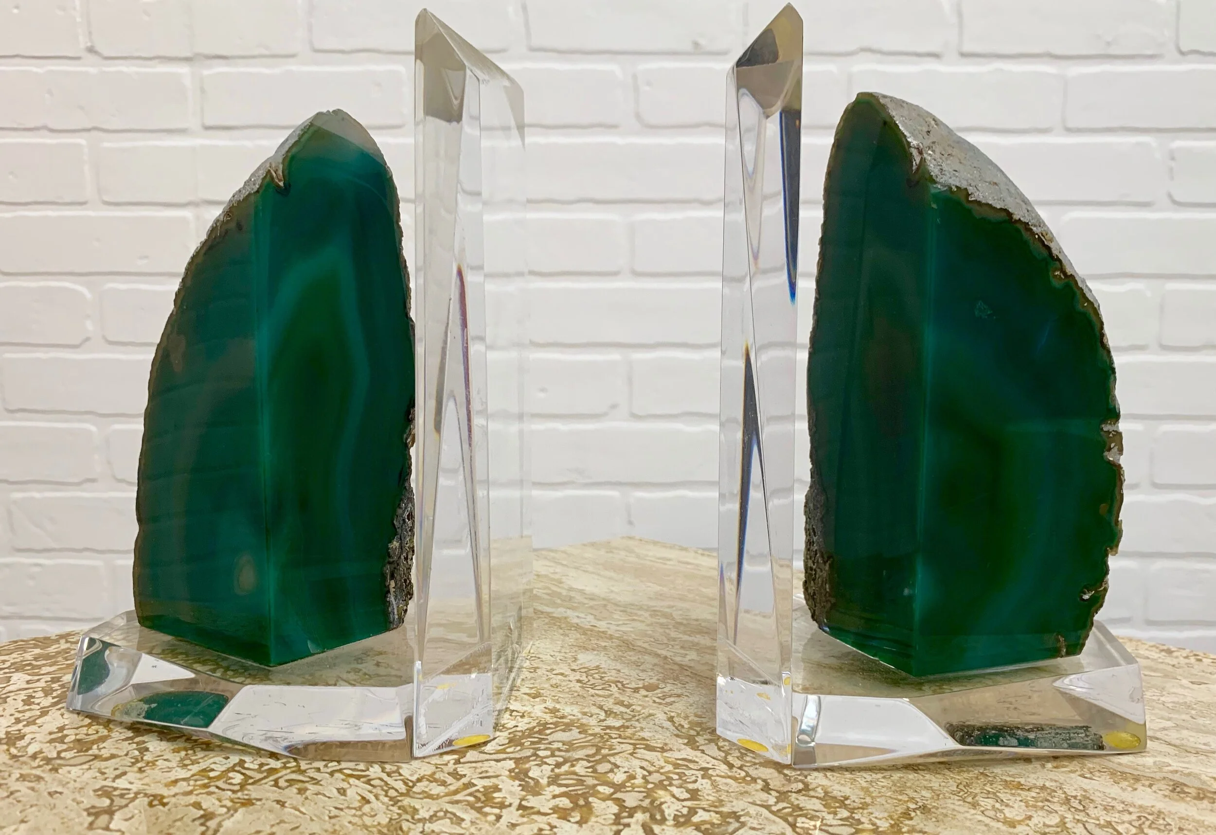 Lucite and Emerald Geode Bookends