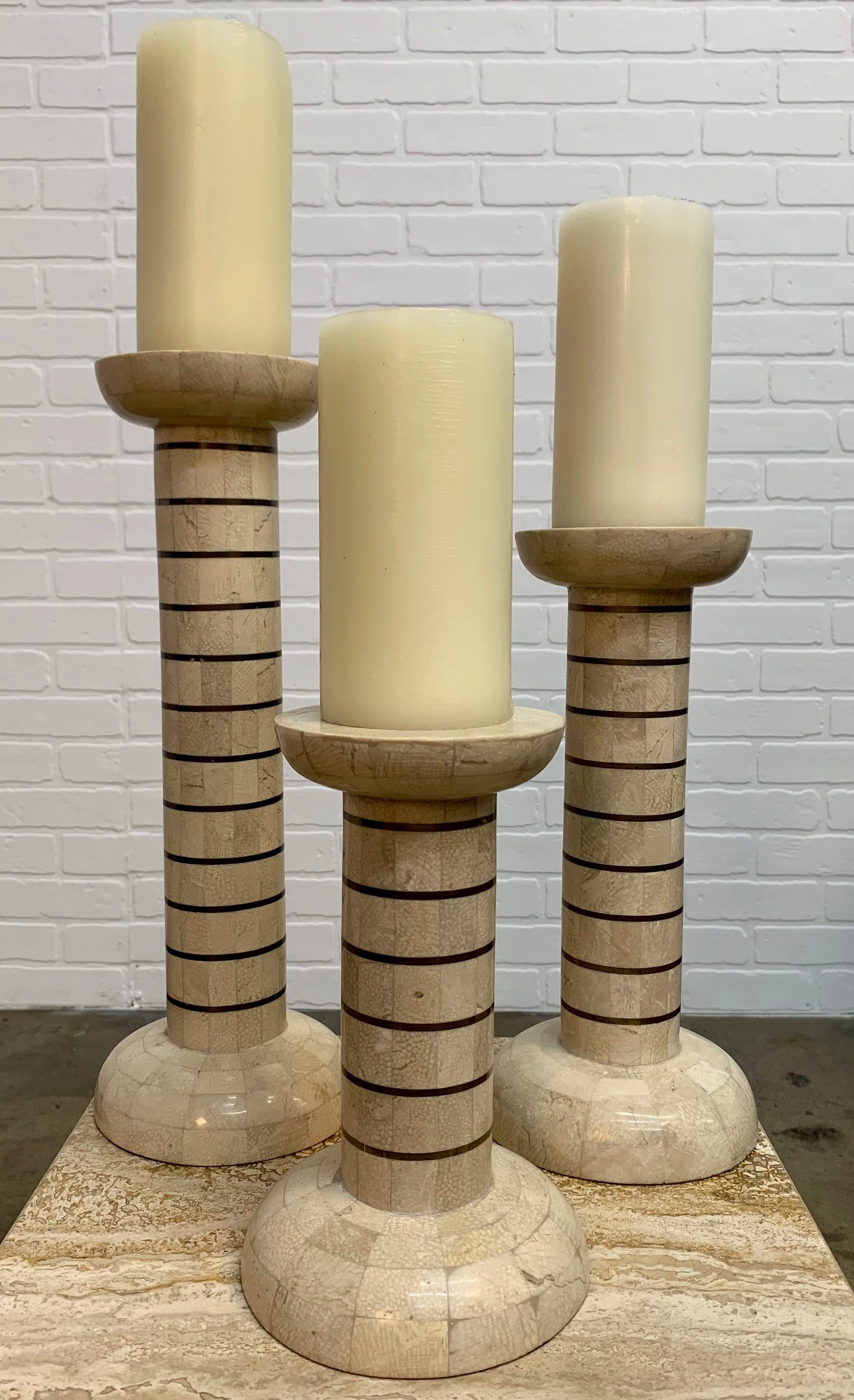 Tessellated Stone and Brass Candlesticks 