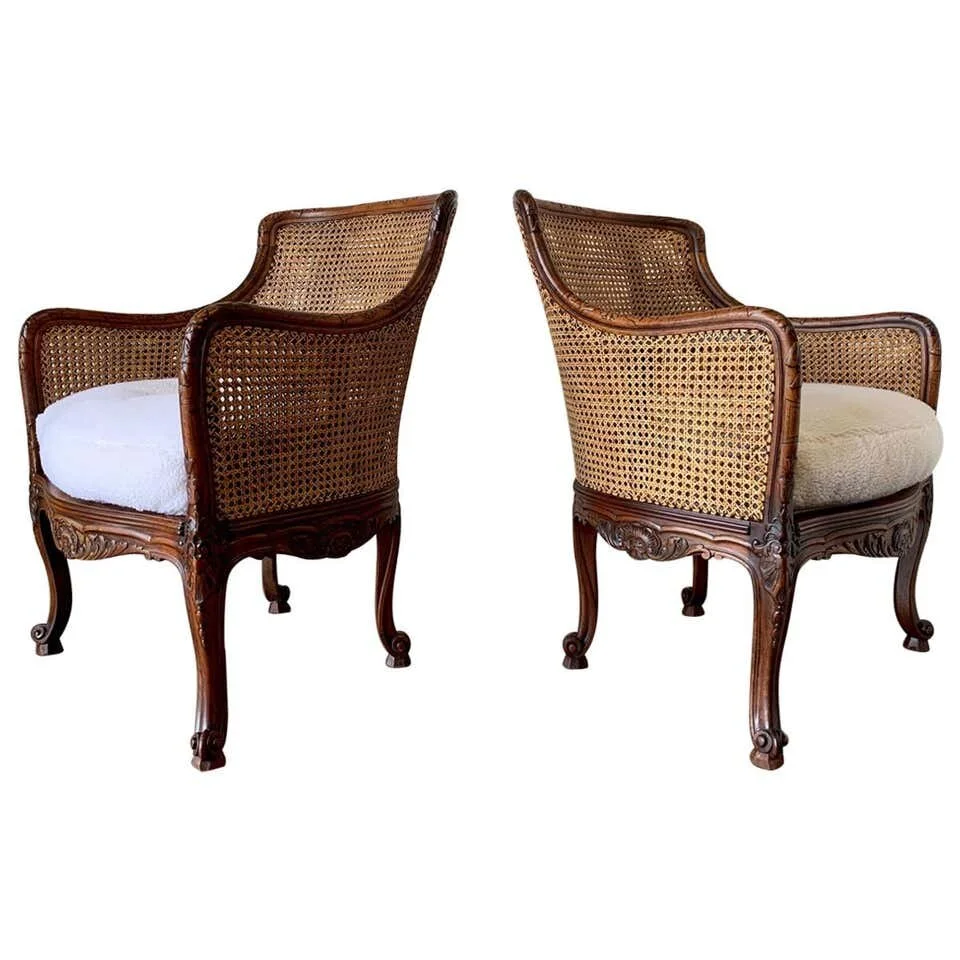 Curved Double Cane Lounge Chairs form Belgium 1950s with Sherpa Faux Fu