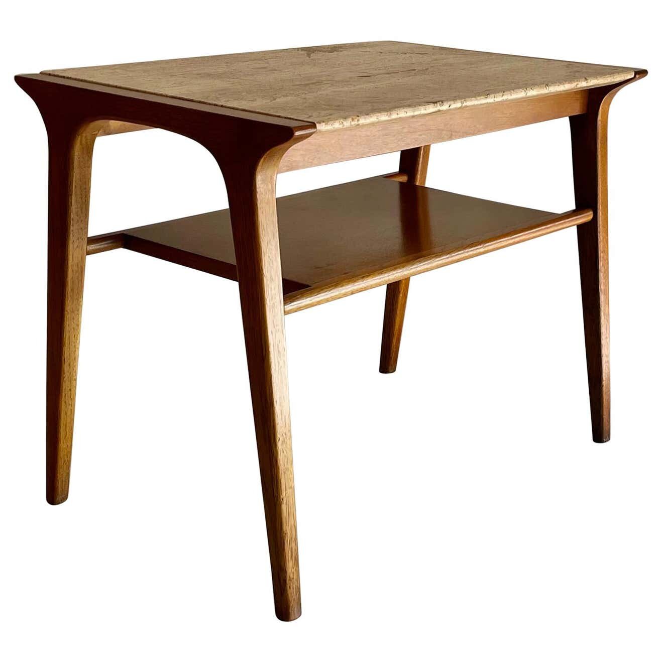 John Van Koert Walnut and Travertine Side Table for Drexel