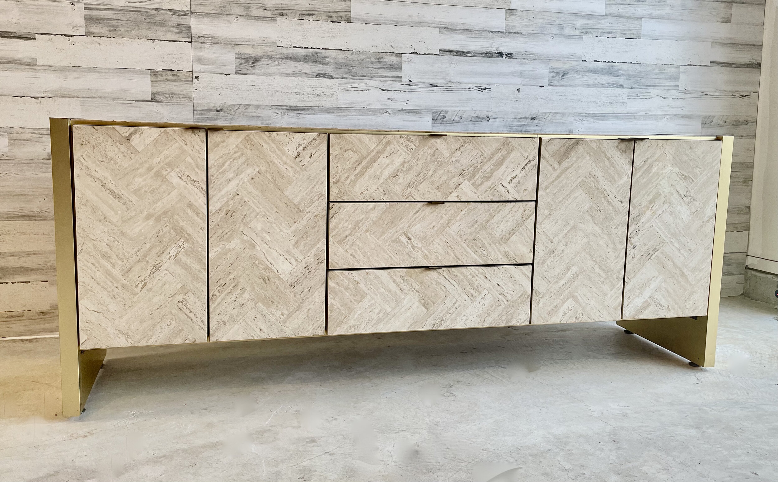 Ello Travertine and Brushed Brass Credenza Kubisak Modern Design