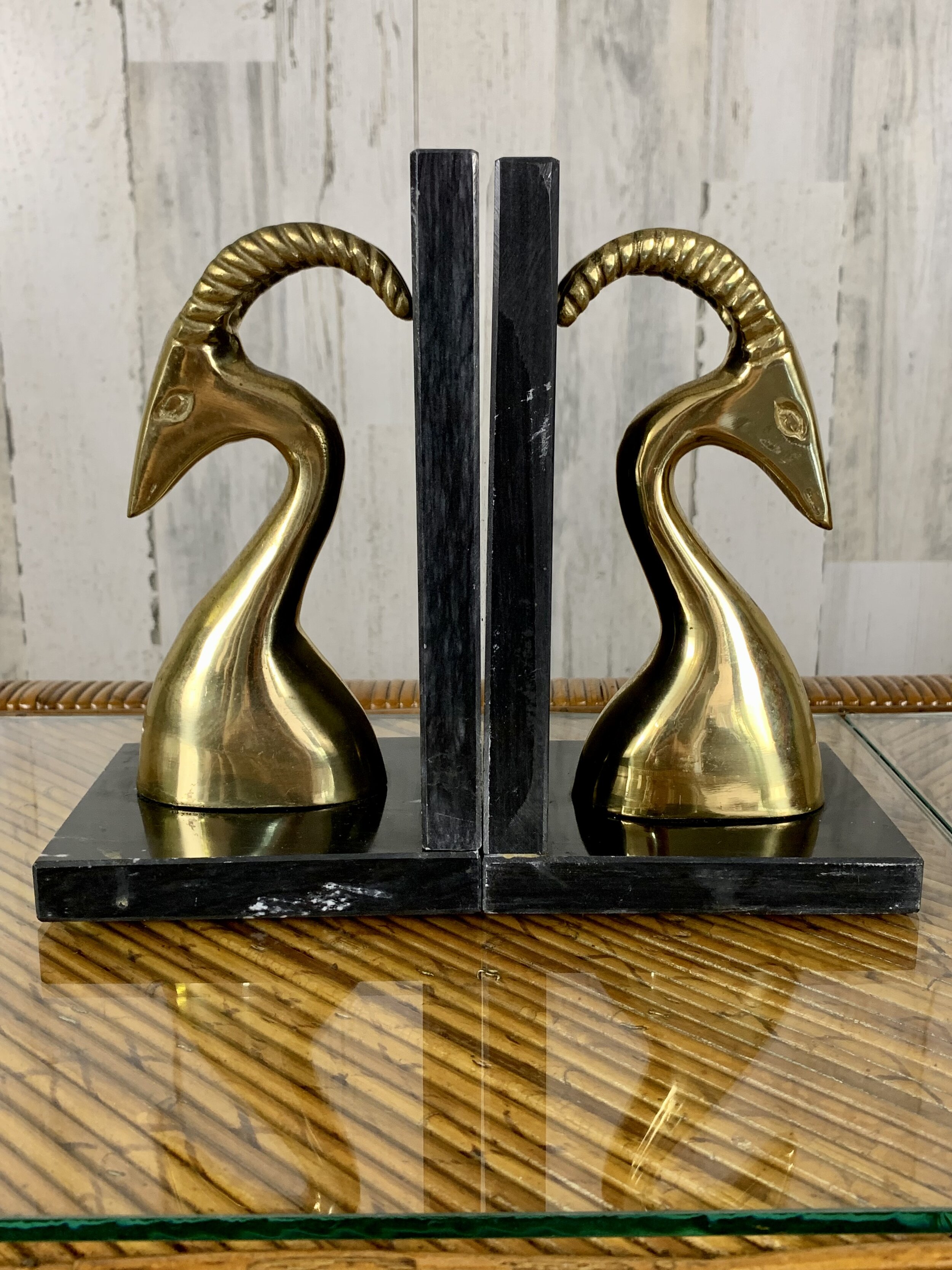 Modernist Brass and marble Gazelle Bookends