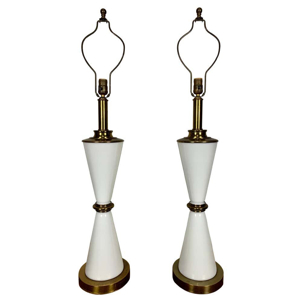 Milk Glass and Brass Hourglass Shaped Table Lamps