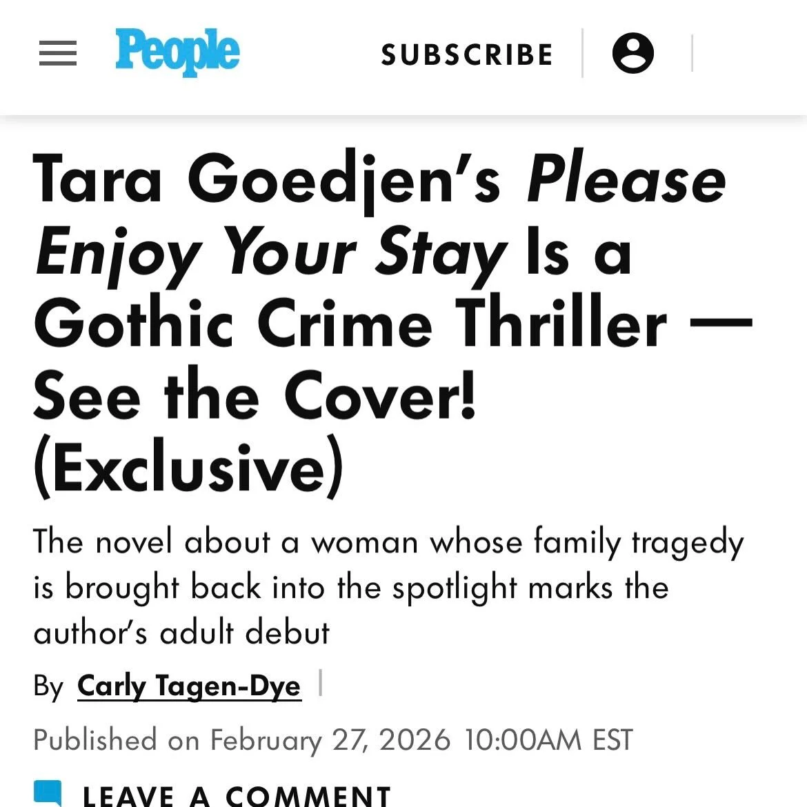 My critique partner is in People Magazine for her adult debut&mdash;PLEASE ENJOY YOUR STAY! Y&rsquo;all are going to flip for this new thriller by @taragoedjen&mdash;coming in October!