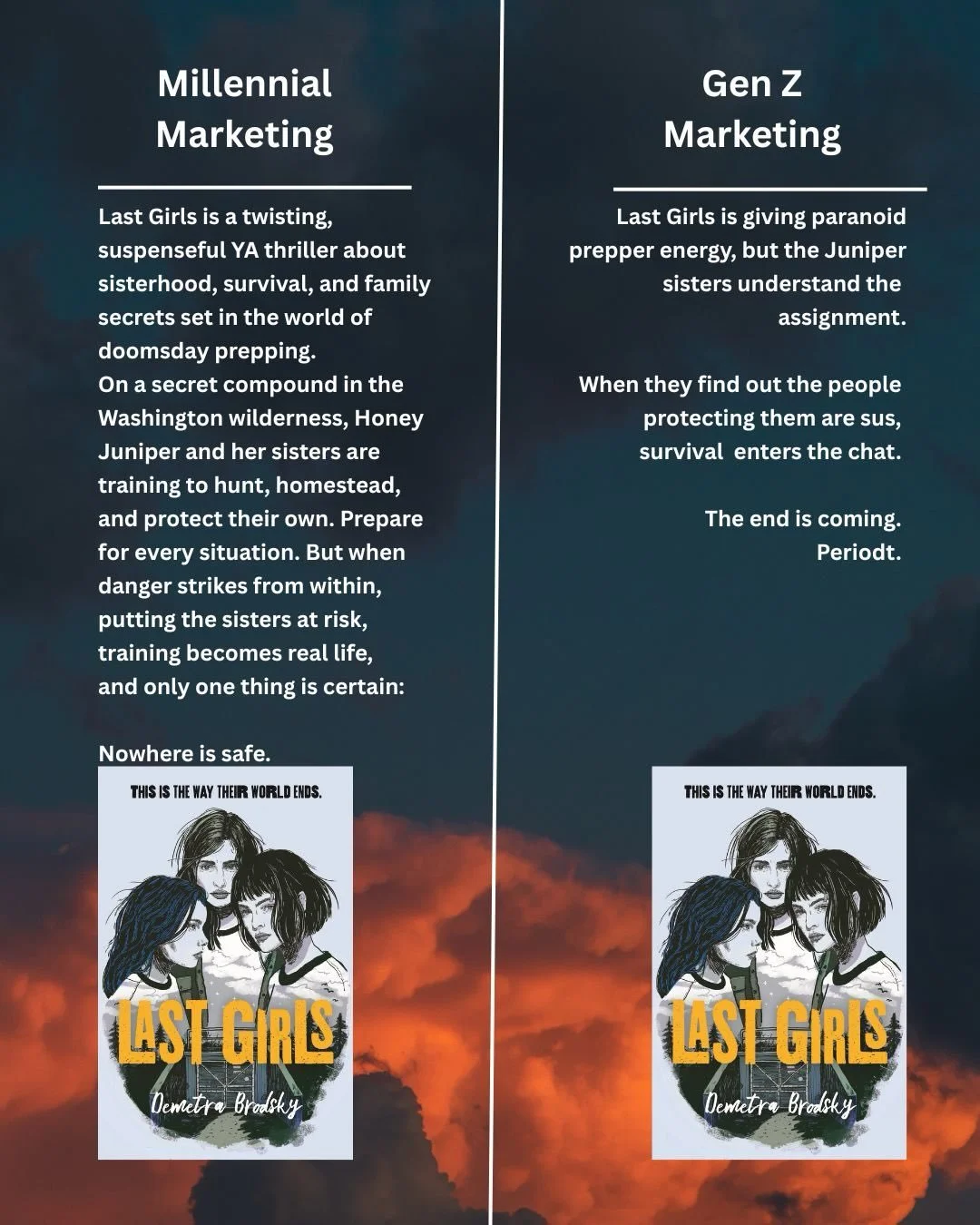 The GenZ marketing minds employed for this task were duly compensated (no shade) for their collaboration on these slides,  because, honestly, they ate the task. No crumbs. 

#millenialvsgenz #thrillerbooks #torteen #authorsofinstagram #books