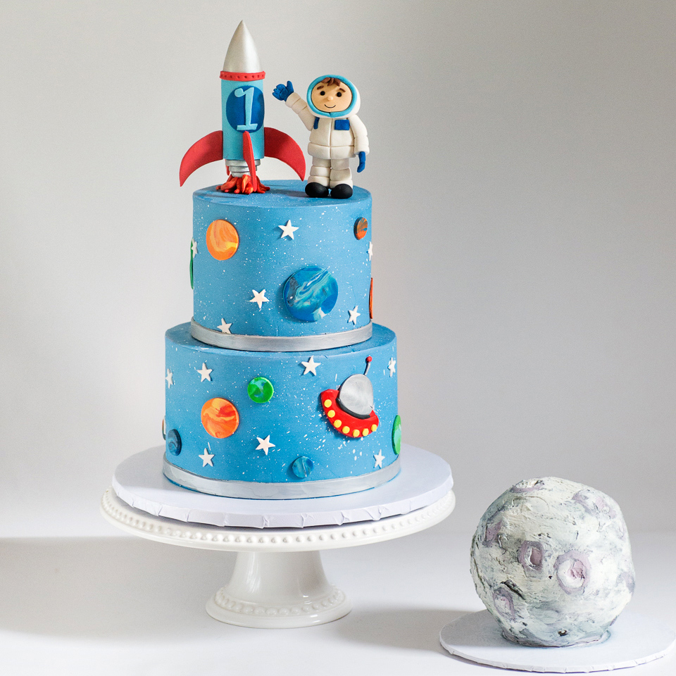 Astronaut and Rocket ship cake with moon smash cake