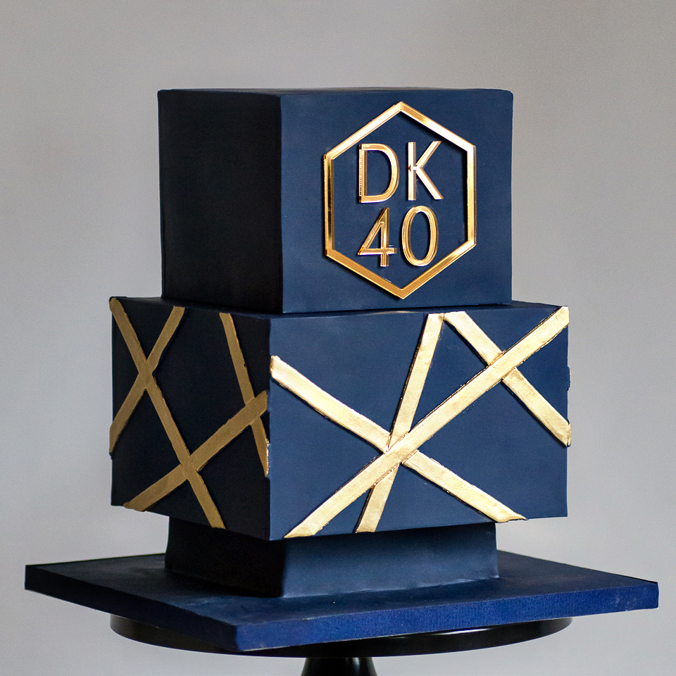 Geometric 40th Birthday cake Navy and Gold 