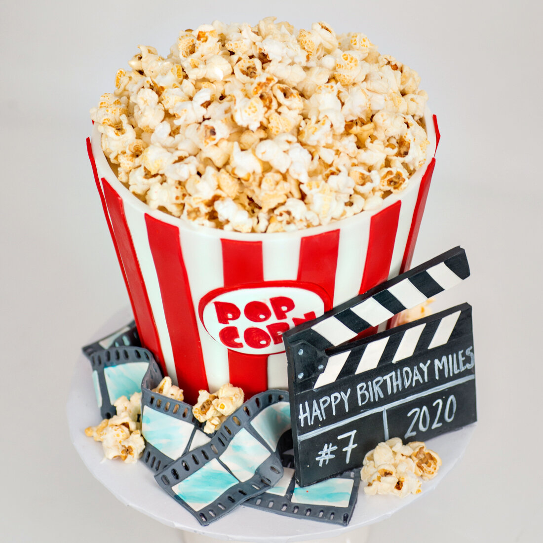 Movie night, popcorn bucket birthday cake