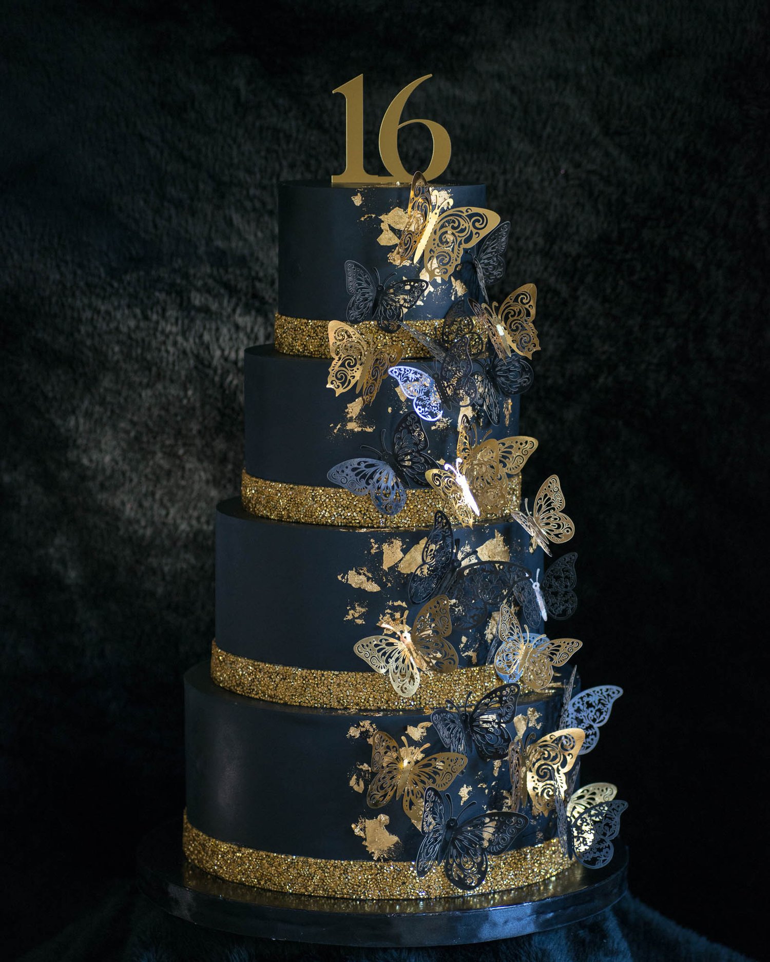Sweet Sixteen Black and Gold Butterflies cake
