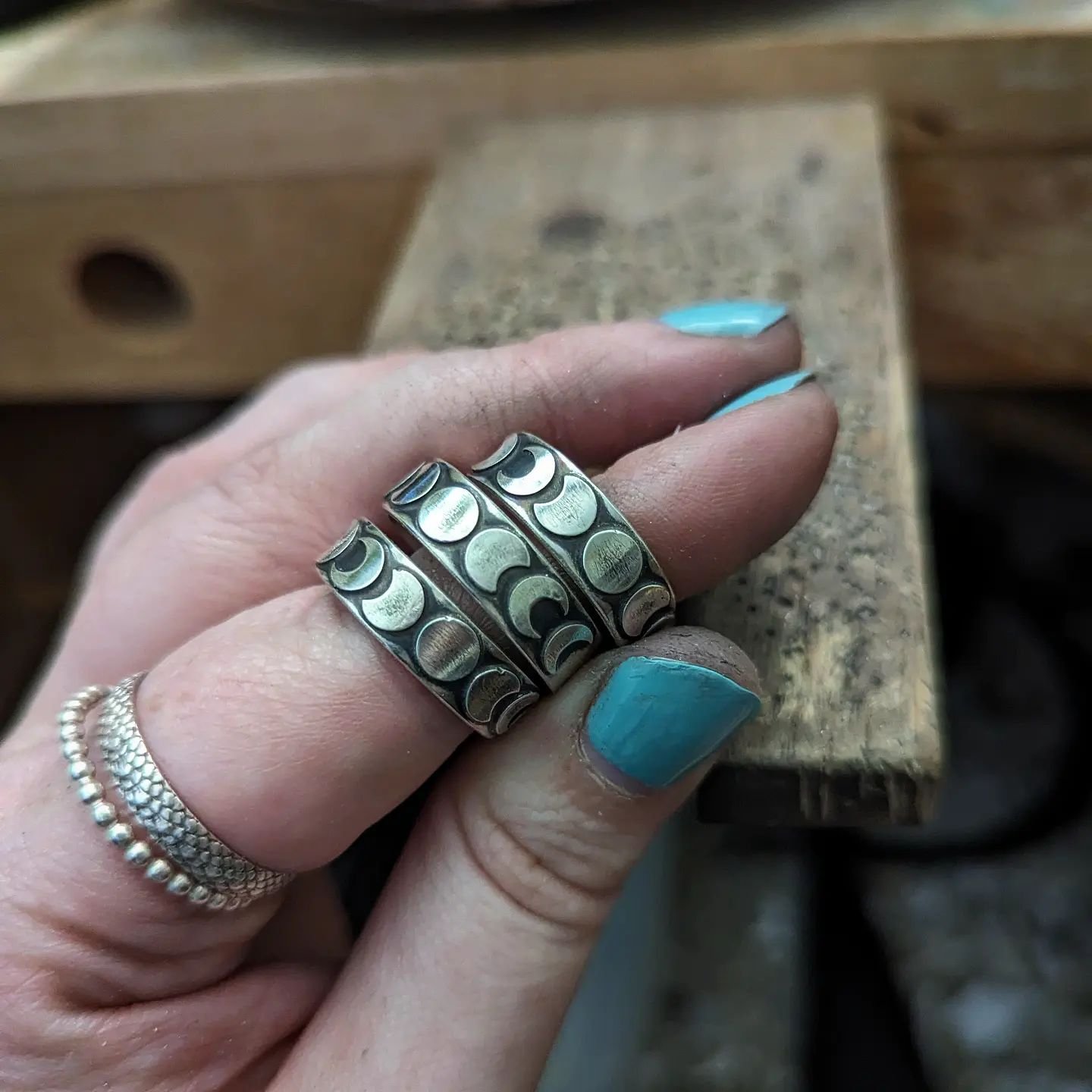 Excuse my polishing fingers, sometimes Smithing gets messy! The Moon Phase Band Rings have been flying out the door, I only have 3 left until I get a new supply shipment in, size 7, 8, and 9! Snag yours this Saturday at @bcbrewerymd at the Spring Ven