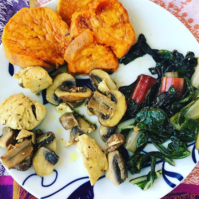 Easy gut friendly dinner!  Saut&eacute;ed chicken. Saut&eacute;ed Swiss chard. Mushrooms and sweet potatoes. We had apples and pears for dessert!