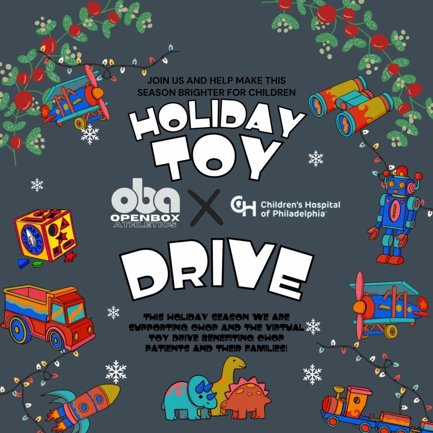 This holiday season we are fundraising to help CHOP patients and their families enjoy the holidays! 

The CHOP virtual toy drive helps get toys to families currently at CHOP for care, removing the need to think about holiday gifts.  These families al