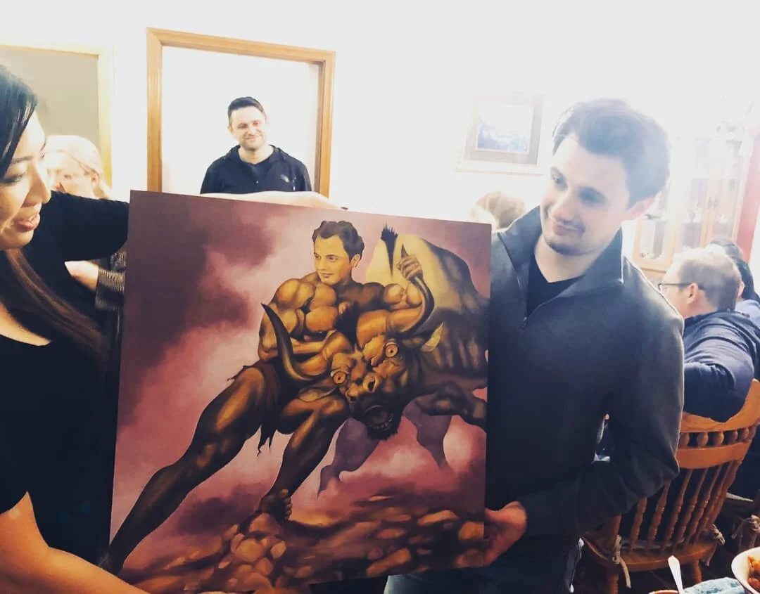 Delivered this quirky commission from @chin4thewin to @zoranmi over the weekend!! Happy thirtieth Zoran!! #dodgeballmovie #oilpainting  #grabbingthebullbythehorns #epicportraits