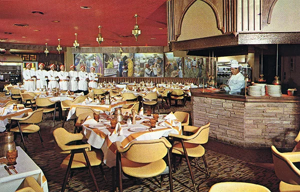 Post card from the old Safari steak restaurant from the 60‘s All of our carved wood panels, tables and chairs are from the original Safari Restaurant