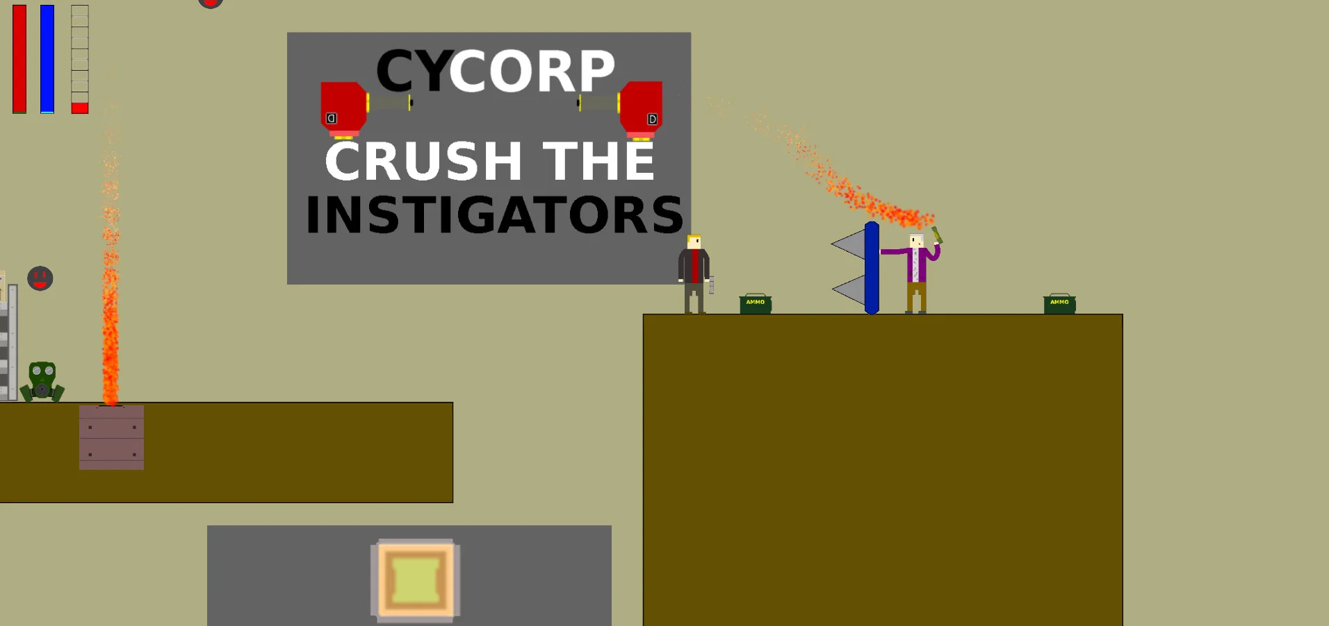 Red facing a Detractor version of the Shielded Flamethrower Enemy