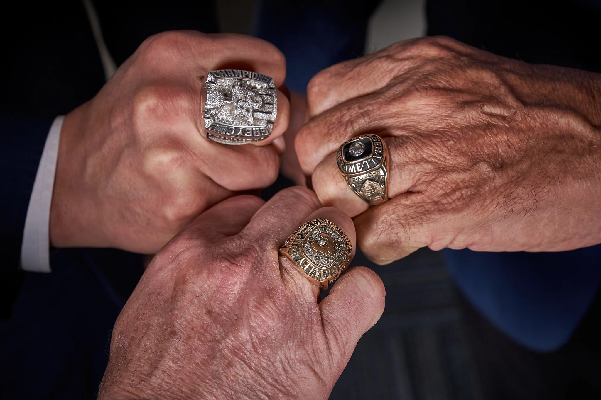The championship rings of Baseball Hall of famer Johnny Bench, Marco Iannuzzi and Colin Patterson.