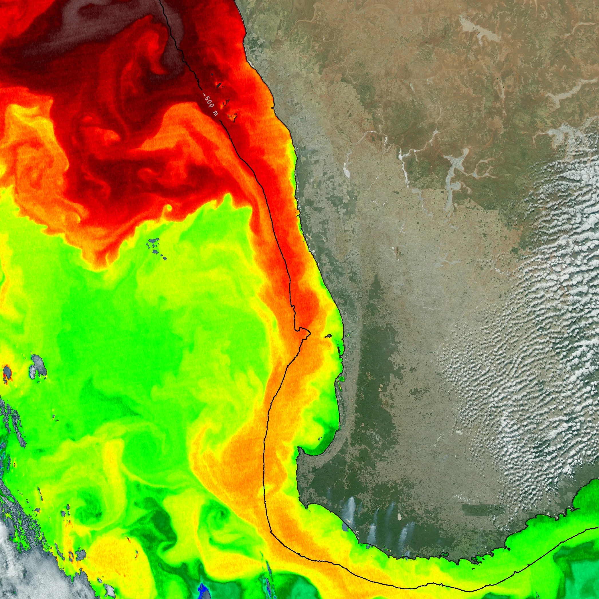 Sample of a MODIS Aqua SST image from 6 May 2009. Original image shows a marine heatwave descending along the Western Australian Coast. Product developed at the Remote Sensing and Satellite Research Group, Curtin University. Original product image provided by Mark Broomhall, Curtin University.