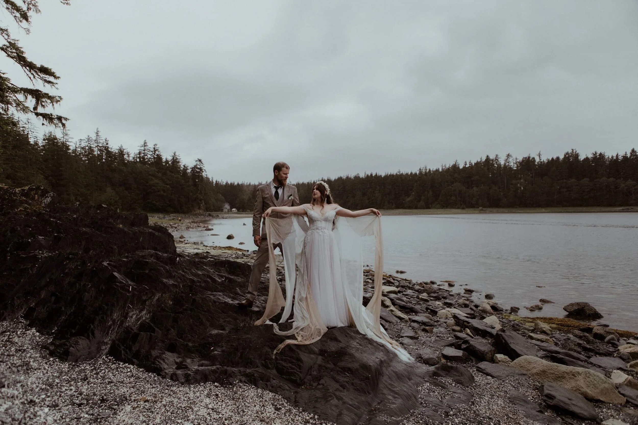 Alaska lakeside elopement wedding dress