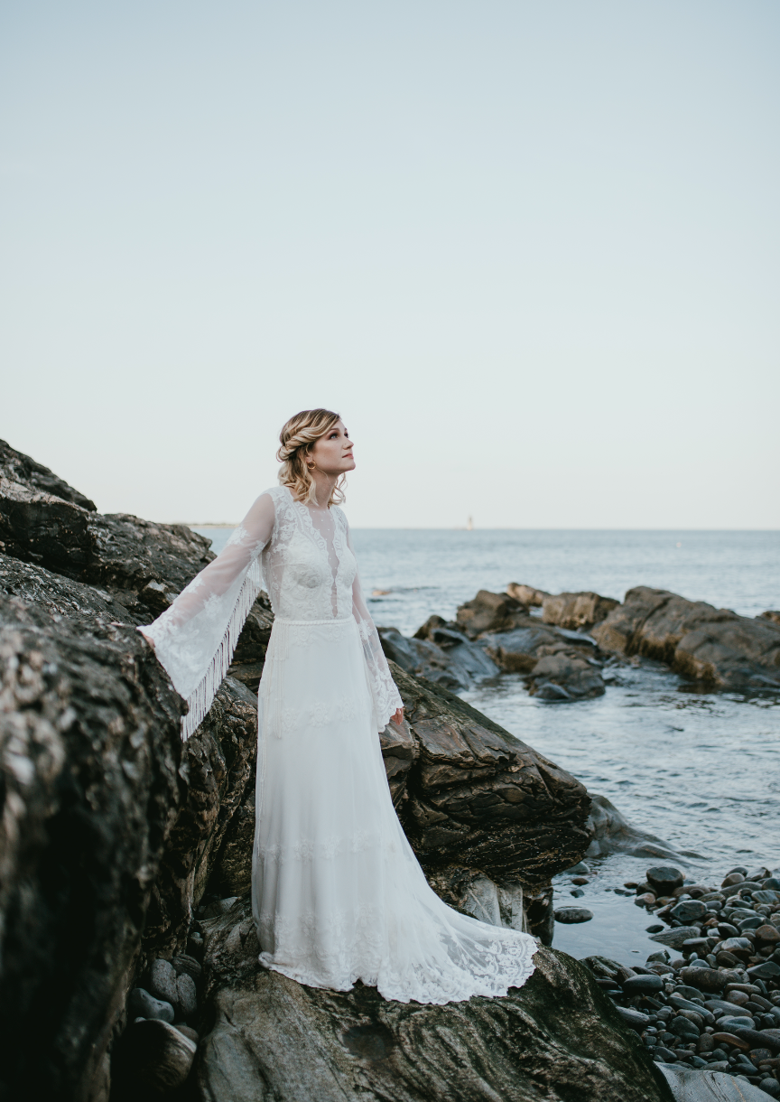Elora wedding dress with long sleeves and open back, plunge neckline and  cotton lace. — Daci Gowns