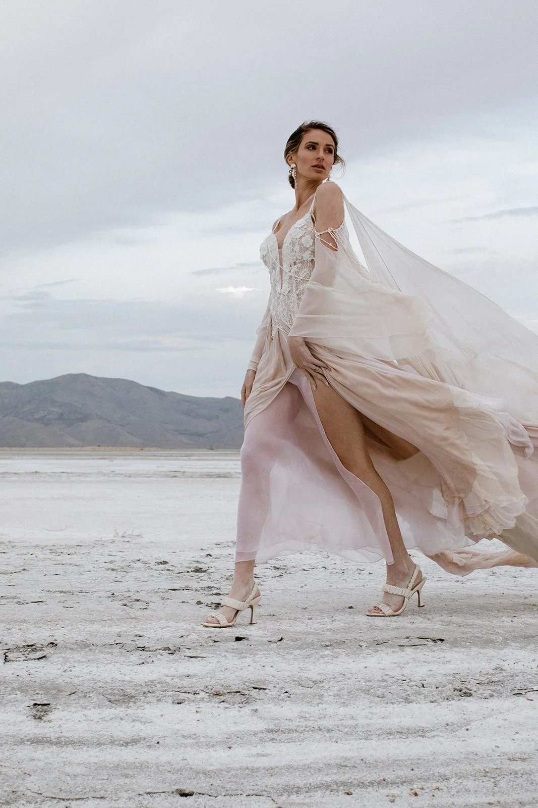 Custom flowy silk chiffon wedding gown for elopement bride