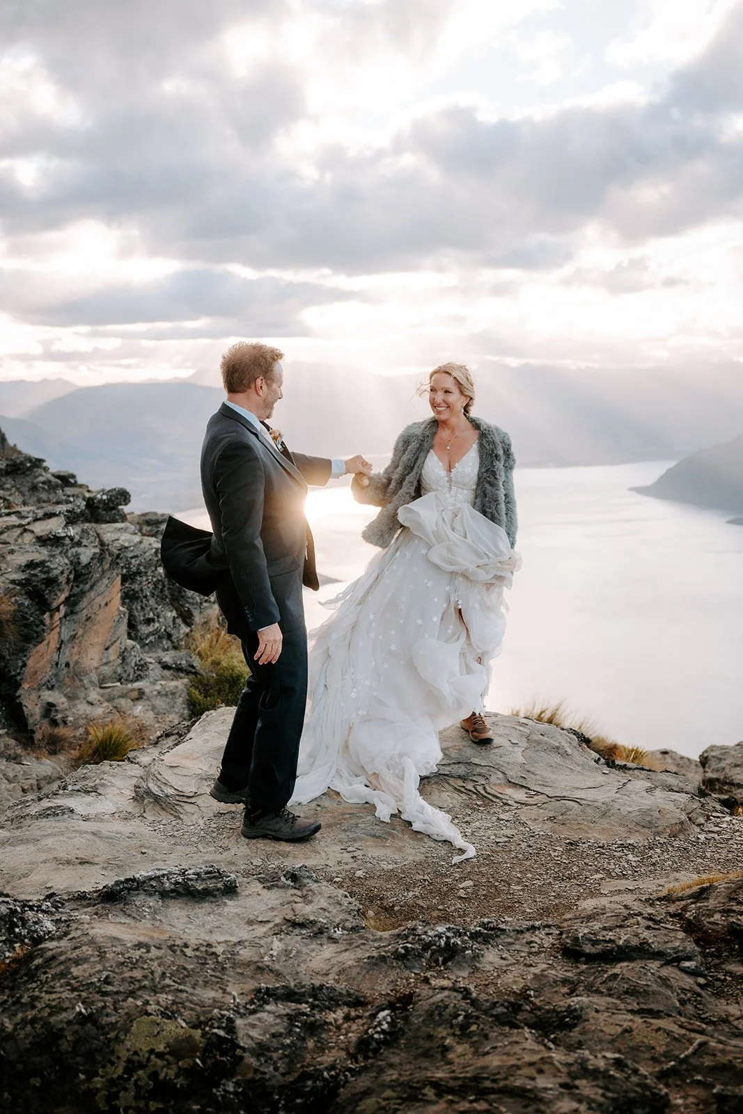 Esther flowy wedding dress on Queenstown mountaintop overlooking Lake Wakatipu