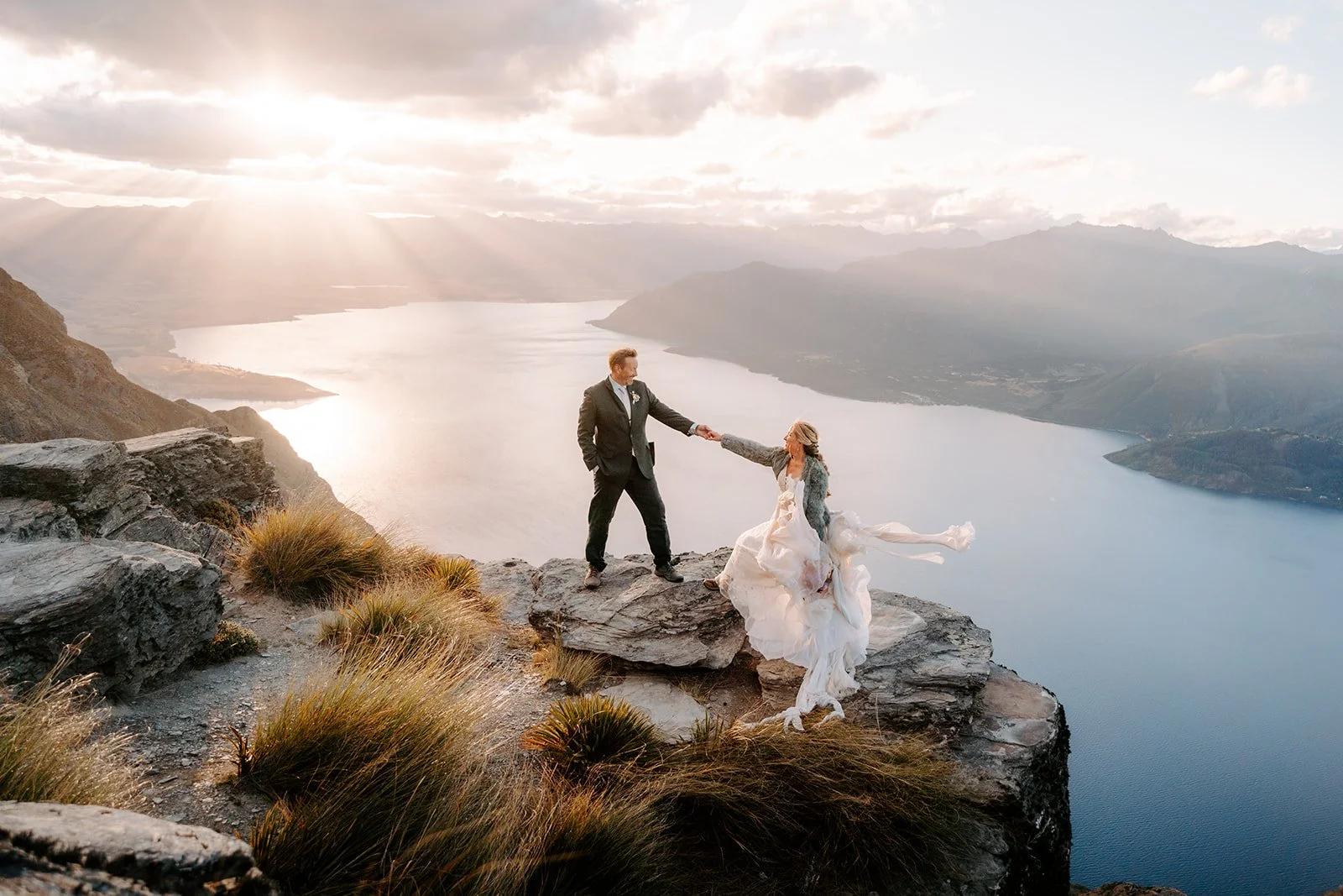 Lightweight wedding gown featuring stars for New Zealand elopement bride